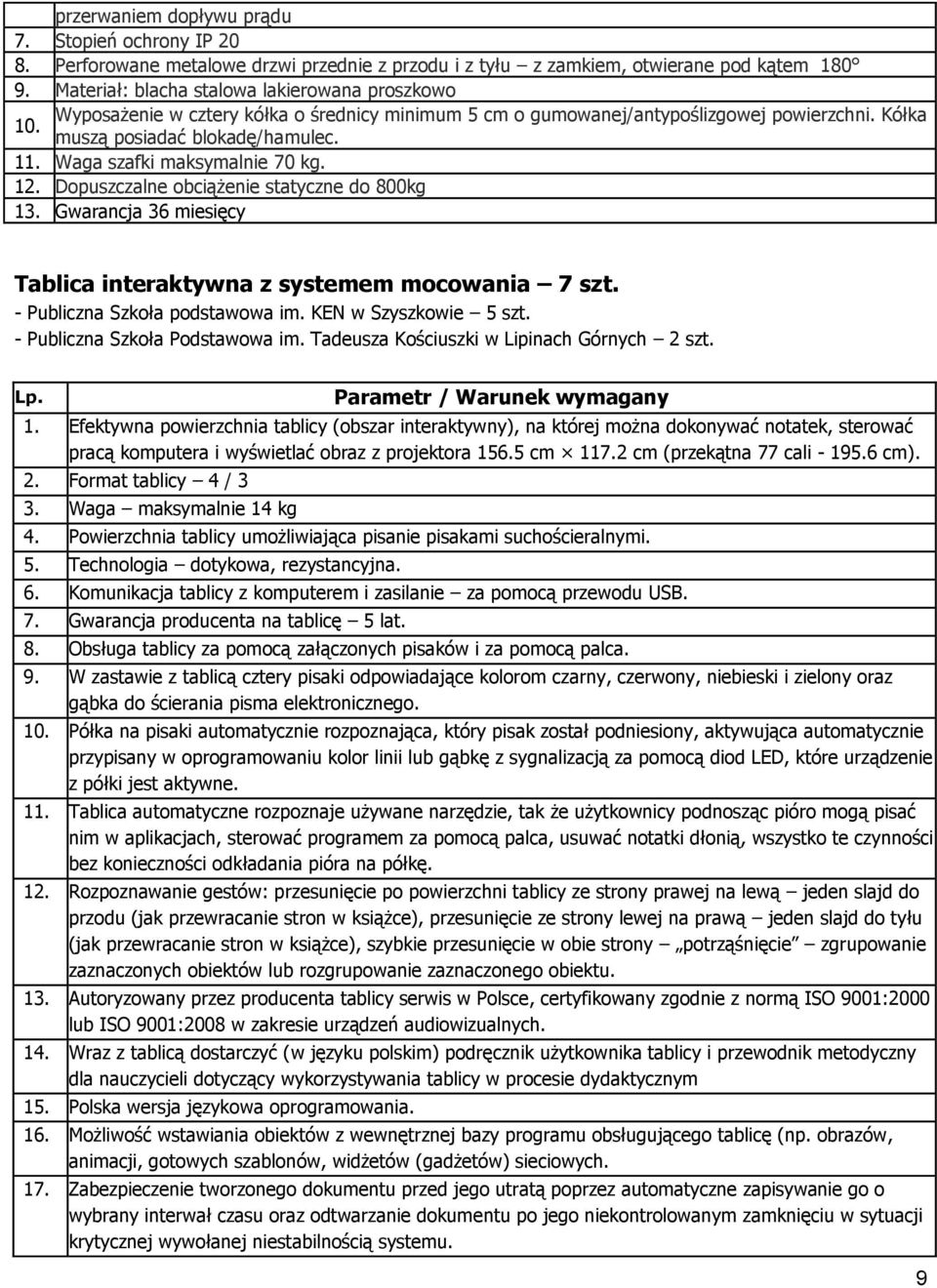 Waga szafki maksymalnie 70 kg. 12. Dopuszczalne obciążenie statyczne do 800kg 13. Gwarancja 36 miesięcy Tablica interaktywna z systemem mocowania 7 szt. - Publiczna Szkoła podstawowa im.
