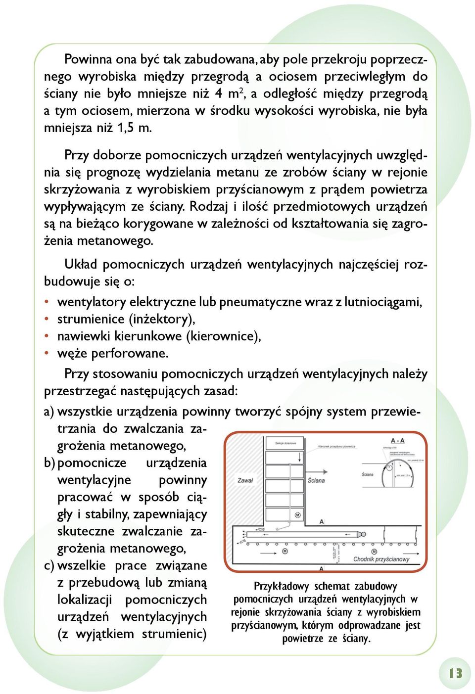 Przy doborze pomocniczych urządzeń wentylacyjnych uwzględnia się prognozę wydzielania metanu ze zrobów ściany w rejonie skrzyżowania z wyrobiskiem przyścianowym z prądem powietrza wypływającym ze