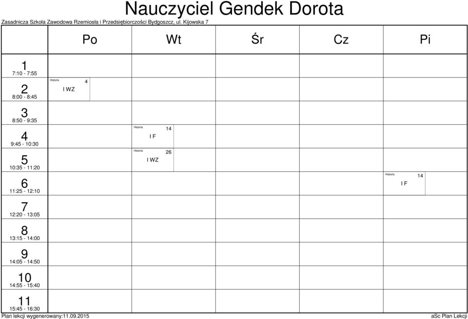 Kijowska Nauczyciel Gendek Dorota : - : :00 - : Historia :0 -