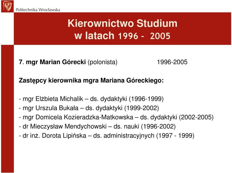 Elżbieta Michalik ds. dydaktyki (1996-1999) - mgr Urszula Bukała ds.