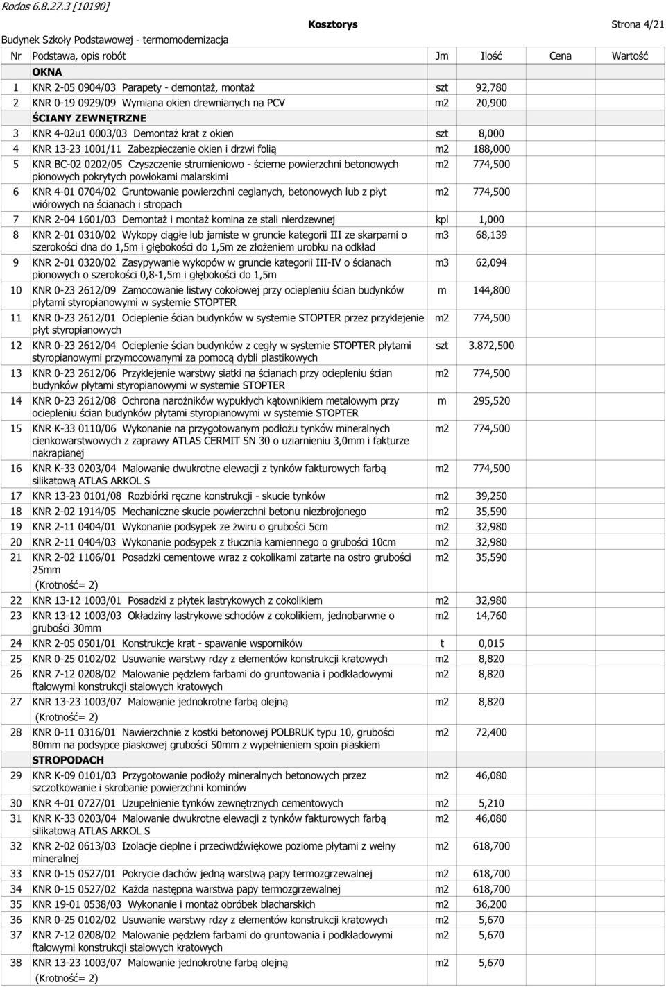 betonowych pionowych pokrytych powłokami malarskimi 6 KNR 4-01 0704/02 Gruntowanie powierzchni ceglanych, betonowych lub z płyt wiórowych na ścianach i stropach 7 KNR 2-04 1601/03 Demontaż i montaż