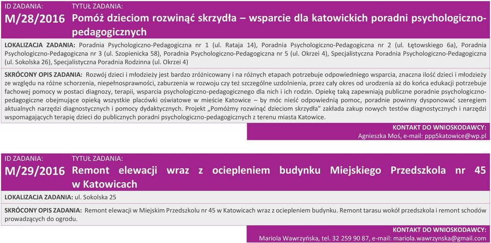 Okrzei 4), Specjalistyczna Poradnia Psychologiczno-Pedagogiczna (ul. Sokolska 26), Specjalistyczna Poradnia Rodzinna (ul.