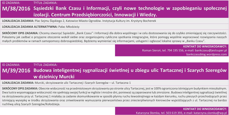 Krystyny Bochenek LOKALIZACJA ZADANIA ALTERNATYWNA: Pałac Młodzieży SKRÓCONY OPIS ZADANIA: Chcemy stworzyć Sąsiedzki Bank Czasu i Informacji dla dobra wspólnego i w celu dostosowania się do szybko