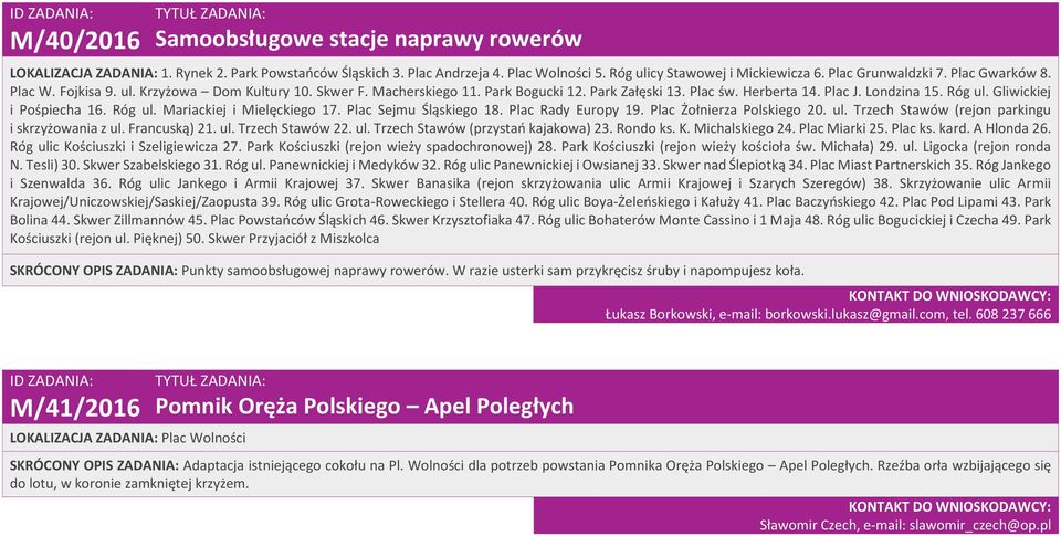 Gliwickiej i Pośpiecha 16. Róg ul. Mariackiej i Mielęckiego 17. Plac Sejmu Śląskiego 18. Plac Rady Europy 19. Plac Żołnierza Polskiego 20. ul. Trzech Stawów (rejon parkingu i skrzyżowania z ul.