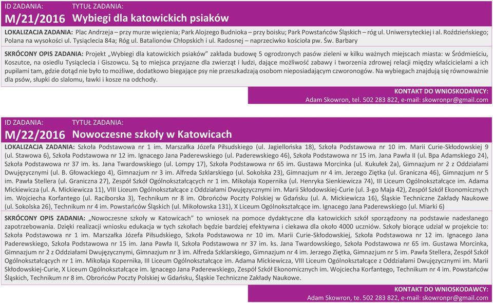 Barbary SKRÓCONY OPIS ZADANIA: Projekt Wybiegi dla katowickich psiaków zakłada budowę 5 ogrodzonych pasów zieleni w kilku ważnych miejscach miasta: w Śródmieściu, Koszutce, na osiedlu Tysiąclecia i