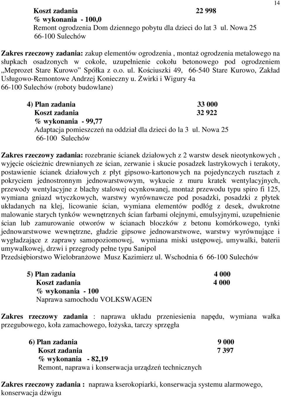 Stare Kurowo Spółka z o.o. ul. Kościuszki 49, 66540 Stare Kurowo, Zakład UsługowoRemontowe Andrzej Konieczny u.