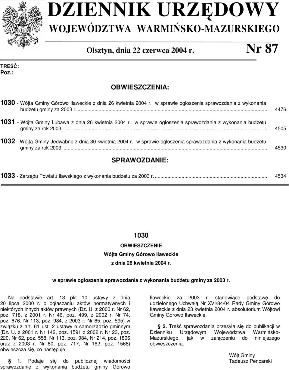 w sprawie ogłoszenia sprawozdania z wykonania budŝetu gminy za rok 2003.... 4505 1032 Wójta Gminy Jedwabno z dnia 30 kwietnia 2004 r.