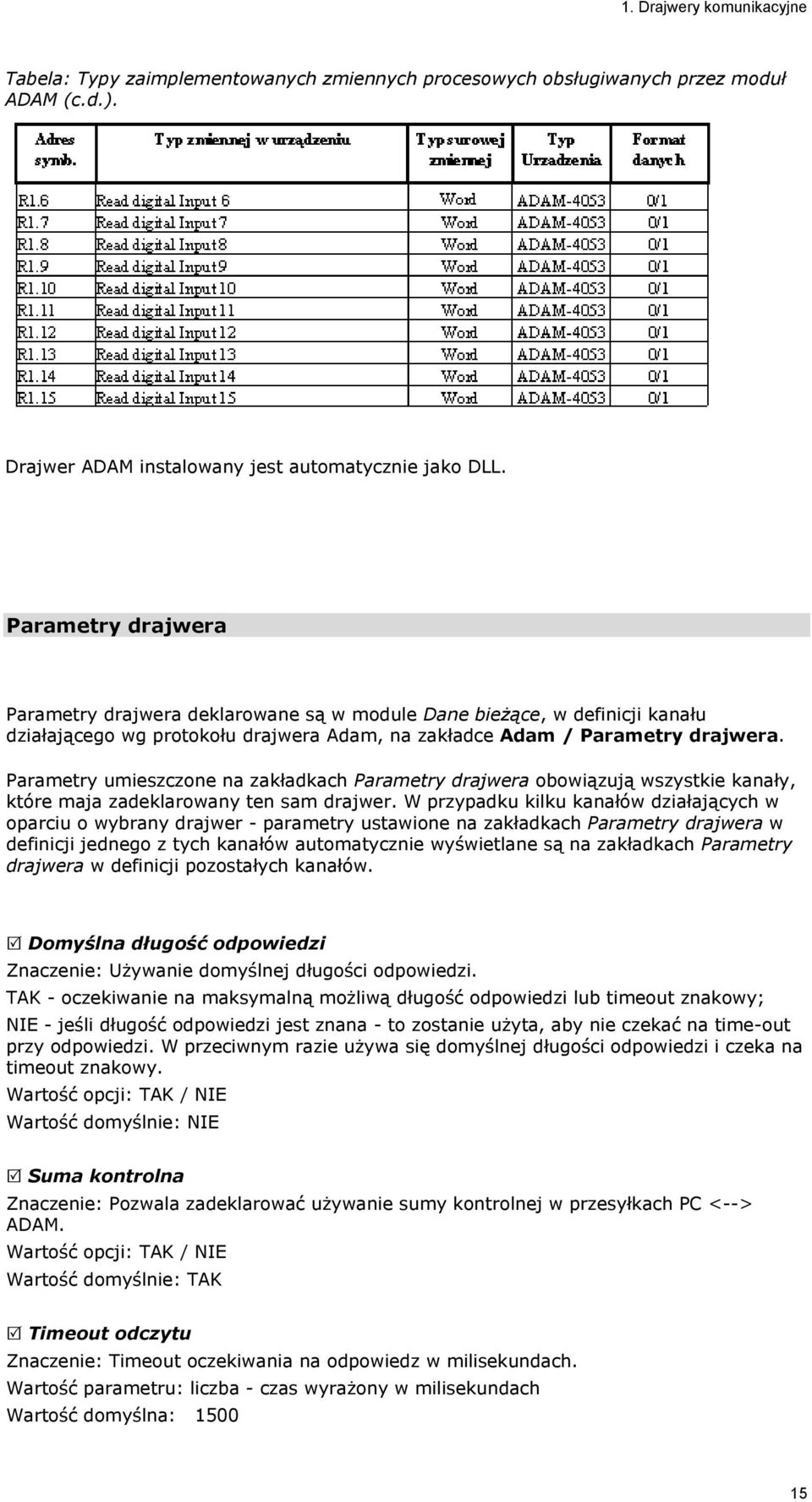 Parametry umieszczone na zakładkach Parametry drajwera obowiązują wszystkie kanały, które maja zadeklarowany ten sam drajwer.