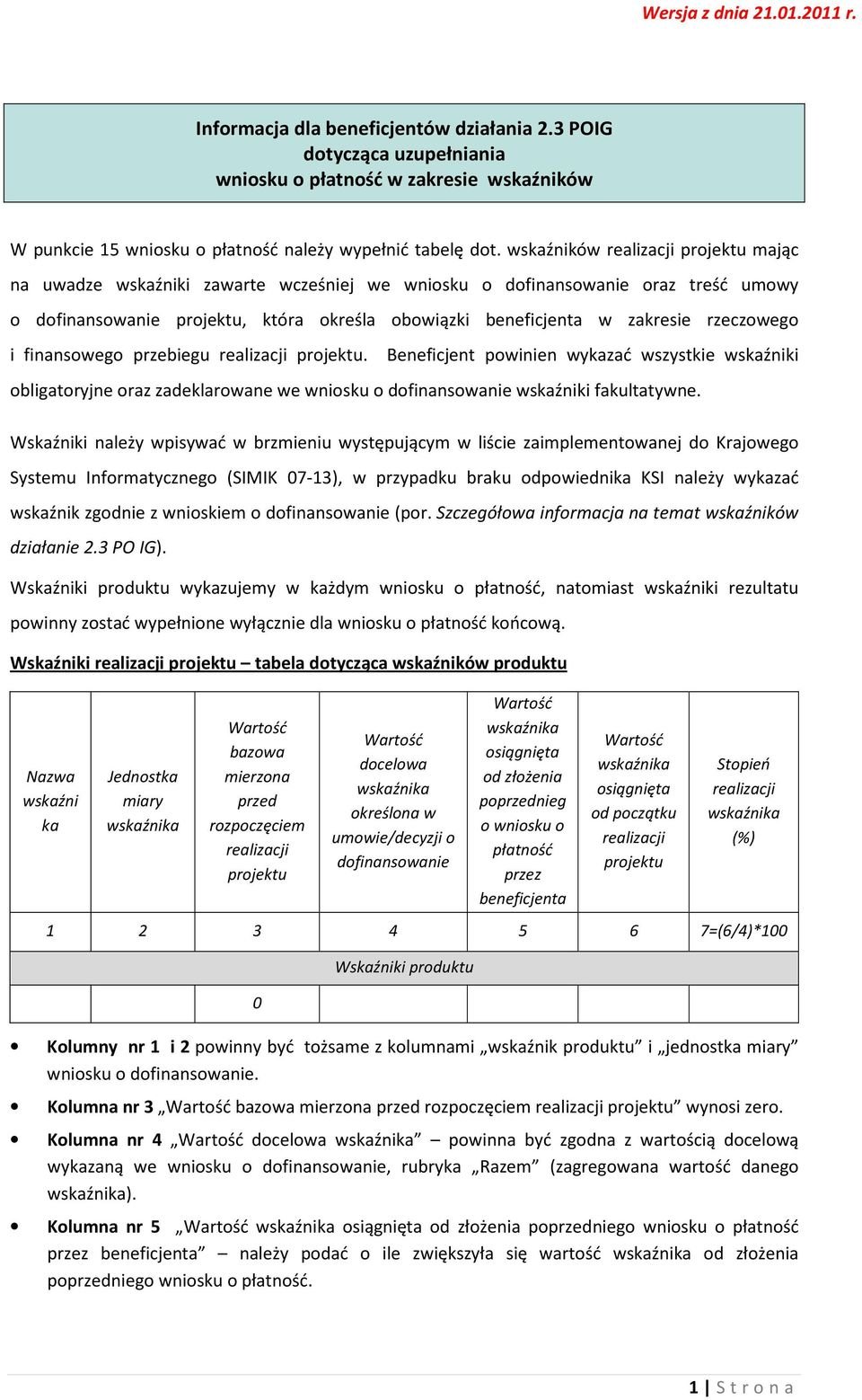 przebiegu. Beneficjent powinien wykazać wszystkie wskaźniki obligatoryjne oraz zadeklarowane we wniosku o dofinansowanie wskaźniki fakultatywne.