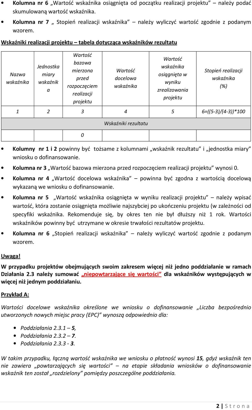 rezultatu Kolumny nr 1 i 2 powinny być tożsame z kolumnami wskaźnik rezultatu i jednostka wniosku o dofinansowanie. Kolumna nr 3 bazowa mierzona przed rozpoczęciem wynosi 0.