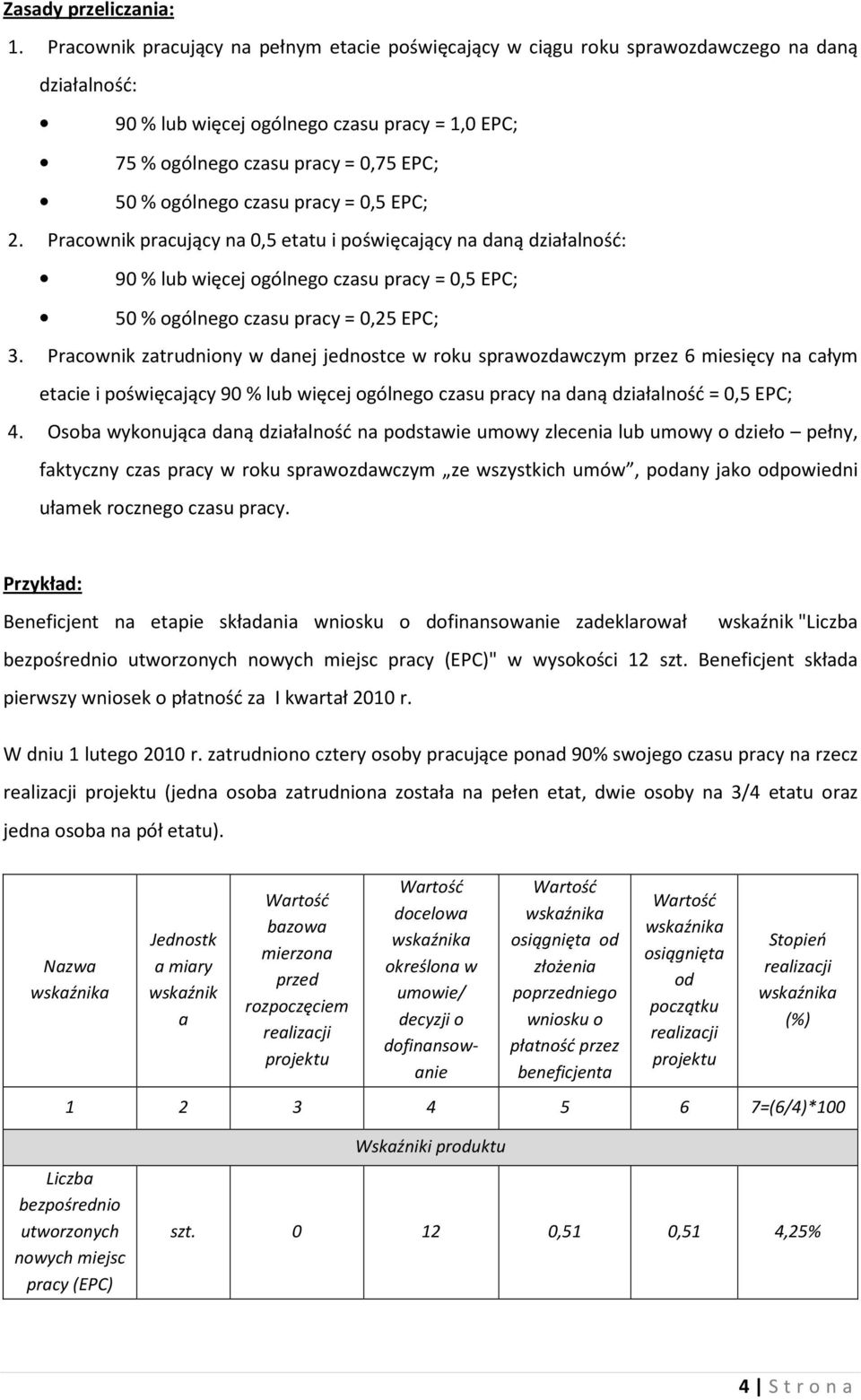 czasu pracy = 0,5 EPC; 2. Pracownik pracujący na 0,5 etatu i poświęcający na daną działalność: 90 % lub więcej ogólnego czasu pracy = 0,5 EPC; 50 % ogólnego czasu pracy = 0,25 EPC; 3.