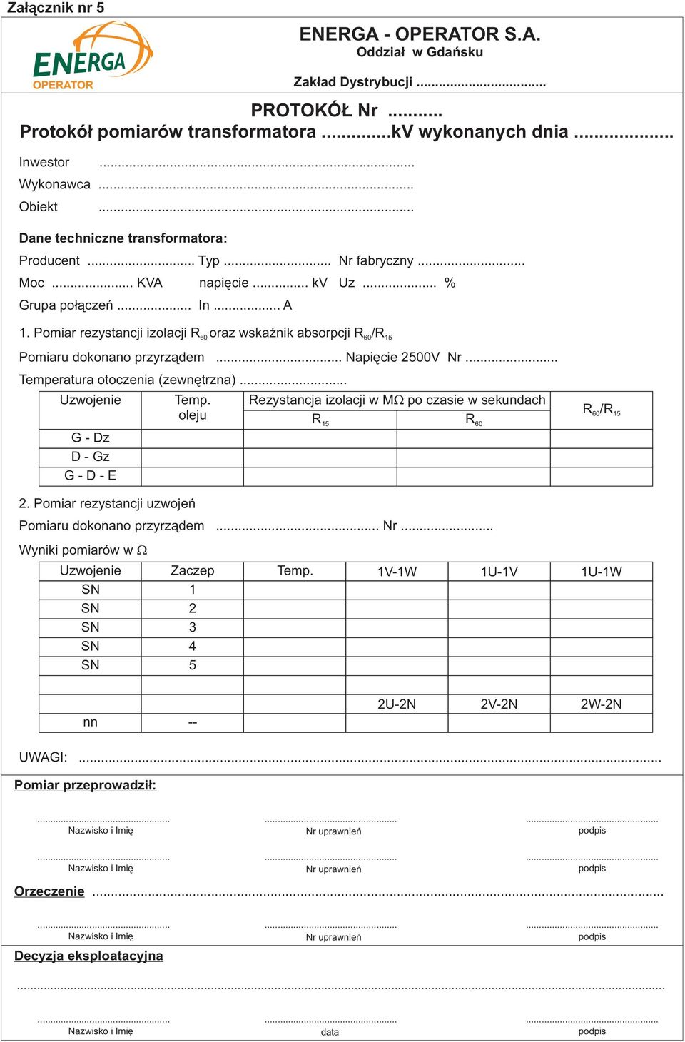 .. A Pomiar rezystancji izolacji R oraz wskaźnik absorpcji R /R 60 60 15 Pomiaru dokonano przyrządem... Napięcie 2500V... Temperatura otoczenia (zewnętrzna).