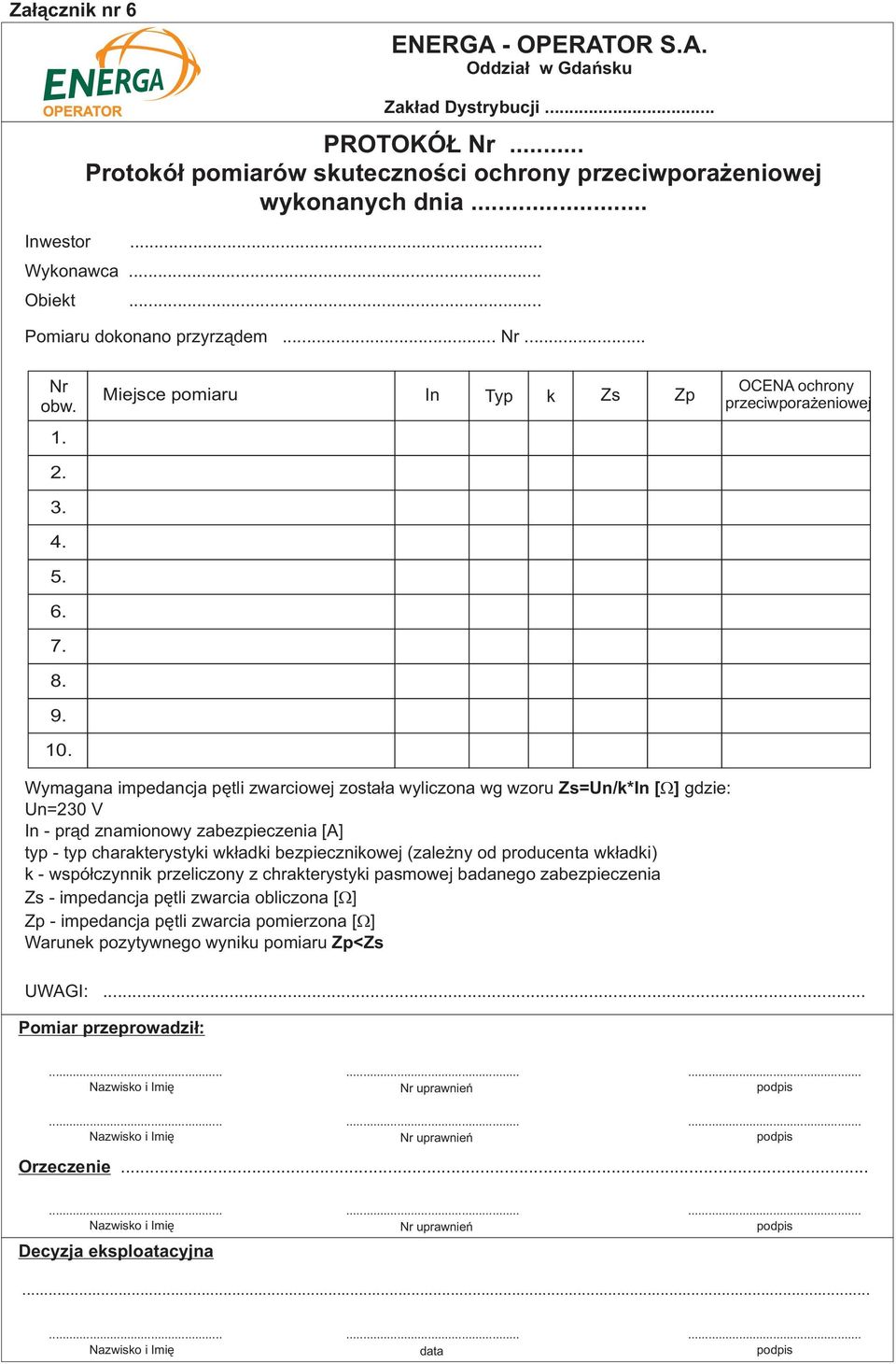 Wymagana impedancja pętli zwarciowej została wyliczona wg wzoru Zs=Un/k*In [ ] gdzie: Un=230 V In - prąd znamionowy zabezpieczenia [A] typ - typ charakterystyki