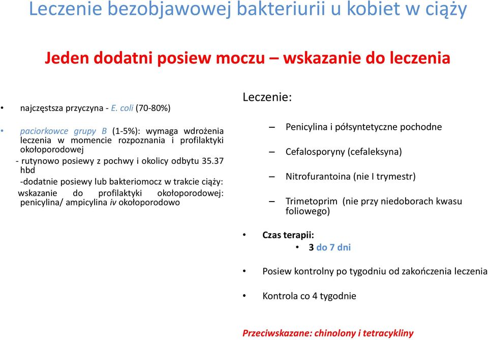 37 hbd -dodatnie posiewy lub bakteriomocz w trakcie ciąży: wskazanie do profilaktyki okołoporodowej: penicylina/ ampicylina iv okołoporodowo Leczenie: Penicylina i półsyntetyczne