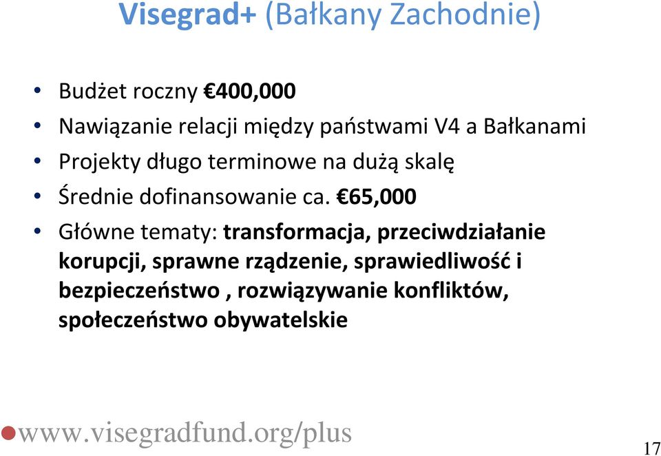 65,000 Główne tematy:transformacja, przeciwdziałanie korupcji, sprawne rządzenie,