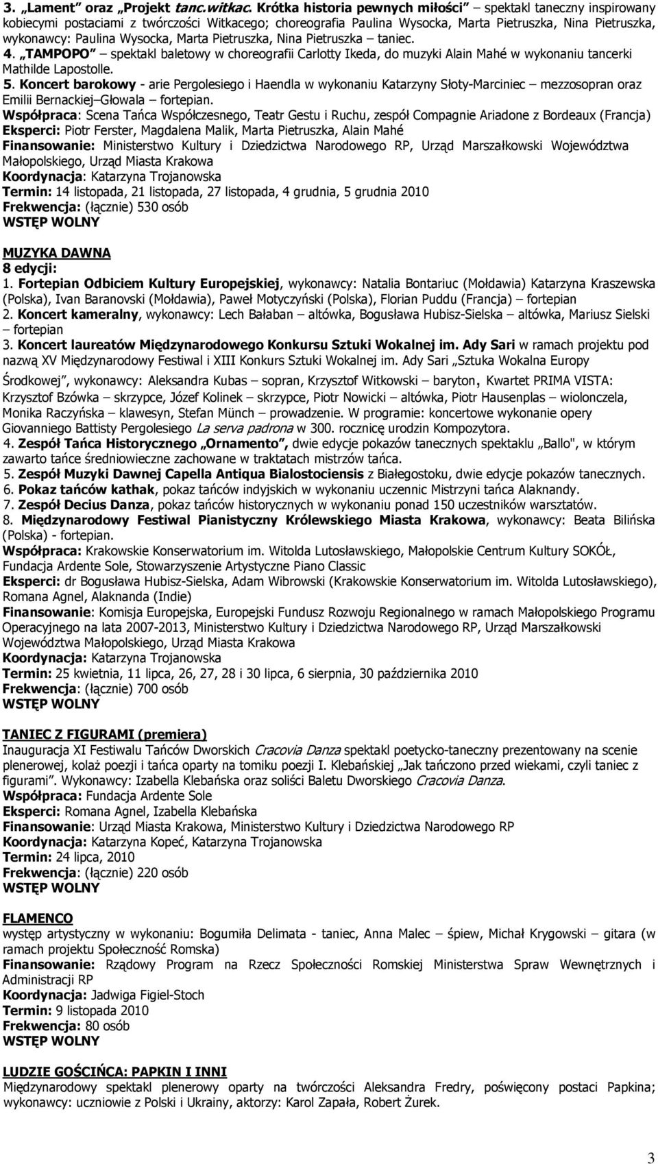 Pietruszka, Nina Pietruszka taniec. 4. TAMPOPO spektakl baletwy w chregrafii Carltty Ikeda, d muzyki Alain Mahé w wyknaniu tancerki Mathilde Lapstlle. 5.