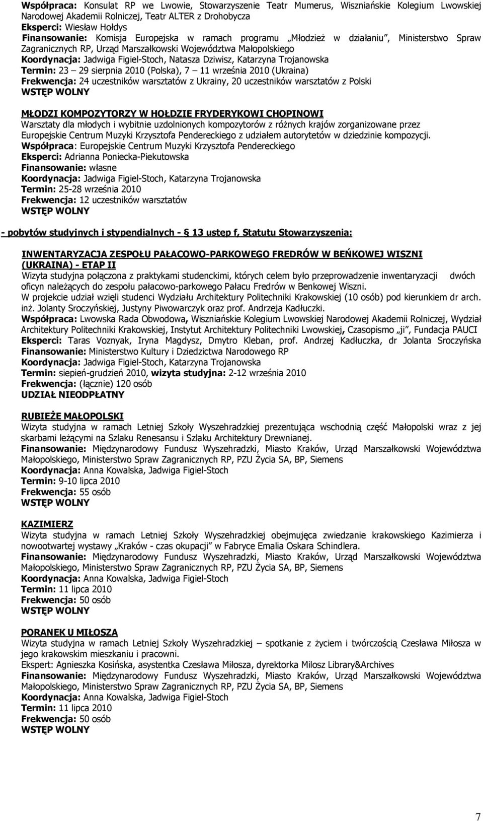 sierpnia 2010 (Plska), 7 11 września 2010 (Ukraina) Frekwencja: 24 uczestników warsztatów z Ukrainy, 20 uczestników warsztatów z Plski MŁODZI KOMPOZYTORZY W HOŁDZIE FRYDERYKOWI CHOPINOWI Warsztaty