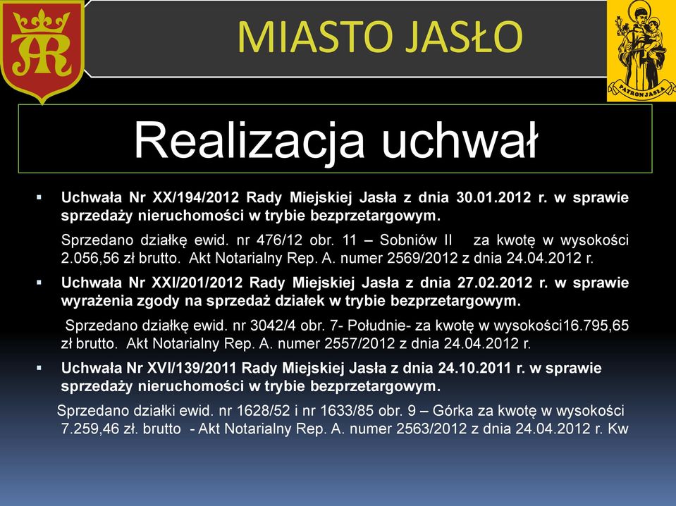 Sprzedano działkę ewid. nr 3042/4 obr. 7- Południe- za kwotę w wysokości16.795,65 zł brutto. Akt Notarialny Rep. A. numer 2557/2012 z dnia 24.04.2012 r.