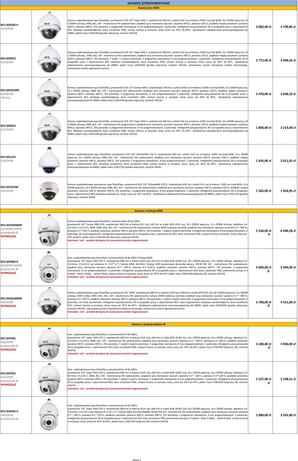 pozioma 300 /s, pionowa 180 /s, 255 presetów, 5 programów skanowania, 8 tras programowalnych, 5 paternów, inteligentne pozycjonowanie 3D w przypadku pracy z rejestratorami, obudowa wandaloodporna,