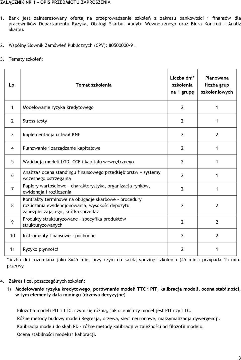 2. Wspólny Słownik Zamówień Publicznych (CPV): 80500000-9. 3. Tematy szkoleń: Liczba dni* Planowana Lp.