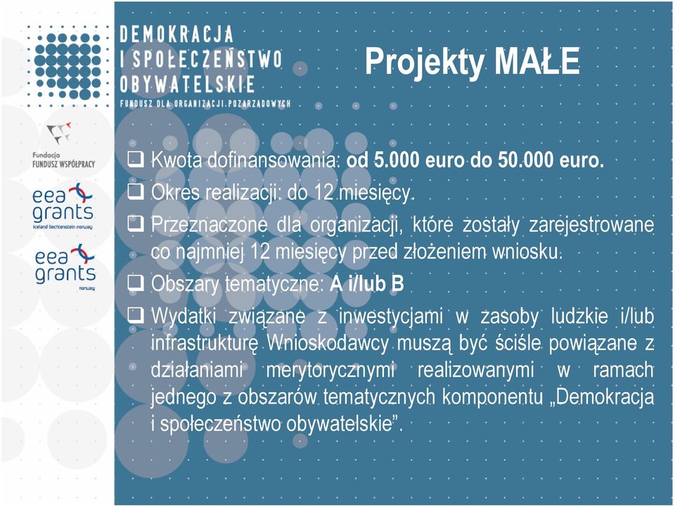 Obszary tematyczne: A i/lub B Wydatki związane z inwestycjami w zasoby ludzkie i/lub infrastrukturę Wnioskodawcy muszą