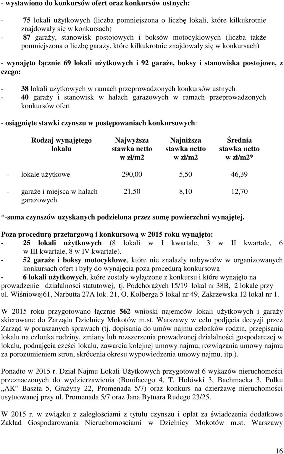 czego: - 38 lokali uŝytkowych w ramach przeprowadzonych konkursów ustnych - 40 garaŝy i stanowisk w halach garaŝowych w ramach przeprowadzonych konkursów ofert - osiągnięte stawki czynszu w