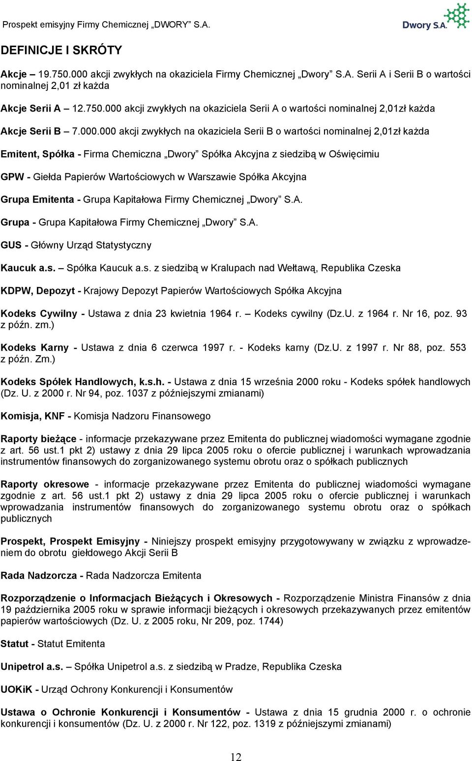 Warszawie Spółka Akcyjna Grupa Emitenta - Grupa Kapitałowa Firmy Chemicznej Dwory S.A. Grupa - Grupa Kapitałowa Firmy Chemicznej Dwory S.A. GUS - Główny Urząd Statystyczny Kaucuk a.s. Spółka Kaucuk a.