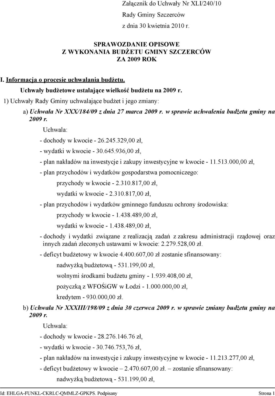 w sprawie uchwalenia budżetu gminy na 2009 r. Uchwala: - dochody w kwocie - 26.245.329,00 zł, - wydatki w kwocie - 30.645.936,00 zł, - plan nakładów na inwestycje i zakupy inwestycyjne w kwocie - 11.