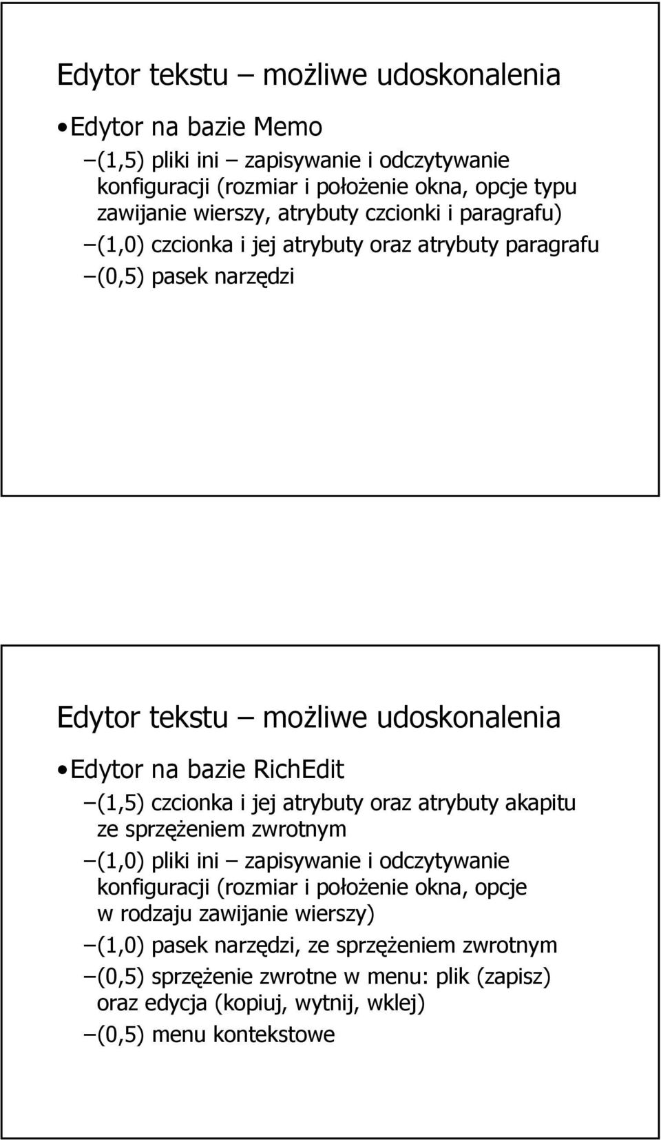 (1,5) czcionka i jej atrybuty oraz atrybuty akapitu ze sprzężeniem zwrotnym (1,0) pliki ini zapisywanie i odczytywanie konfiguracji (rozmiar i położenie okna, opcje w