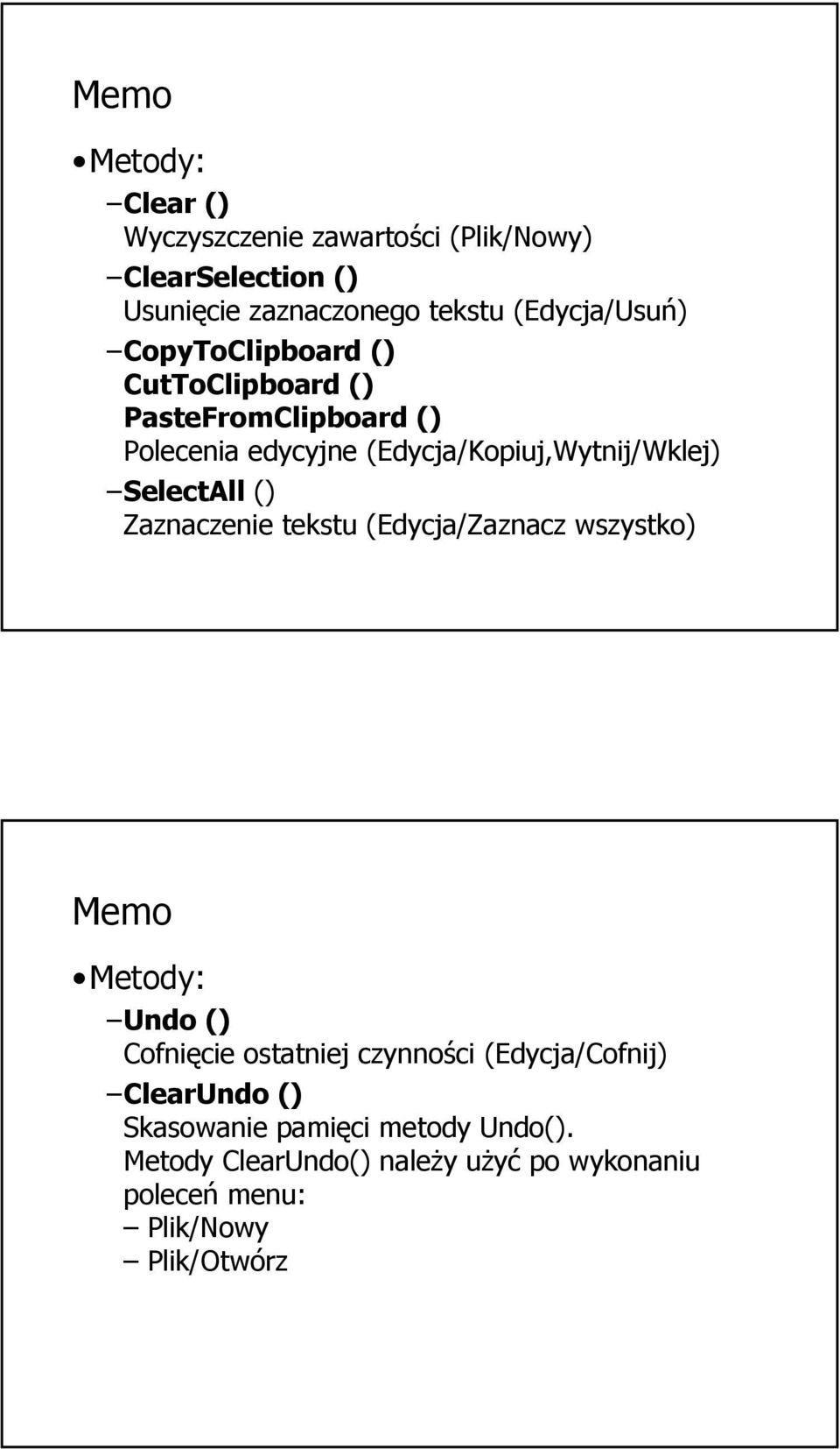 (Edycja/Kopiuj,Wytnij/Wklej) SelectAll () Zaznaczenie tekstu (Edycja/Zaznacz wszystko) Memo Metody: Undo () Cofnięcie