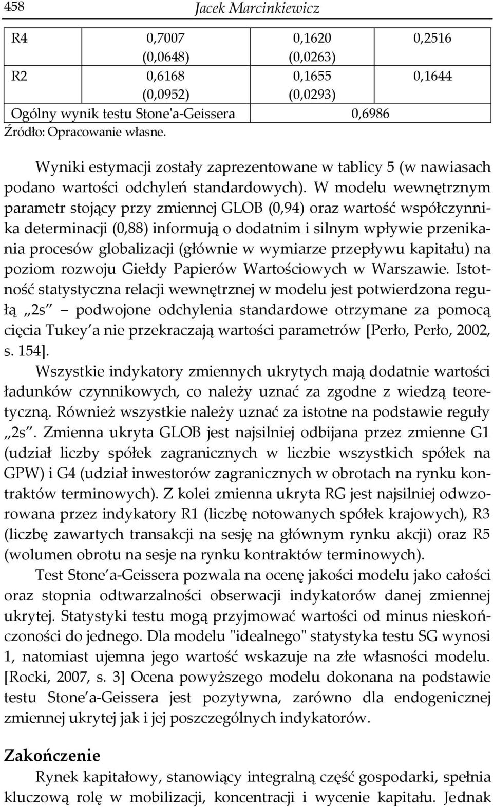 W modelu wewnętrznym parametr stojący przy zmiennej GLOB (0,94) oraz wartość współczynnika determinacji (0,88) informują o dodatnim i silnym wpływie przenikania procesów globalizacji (głównie w