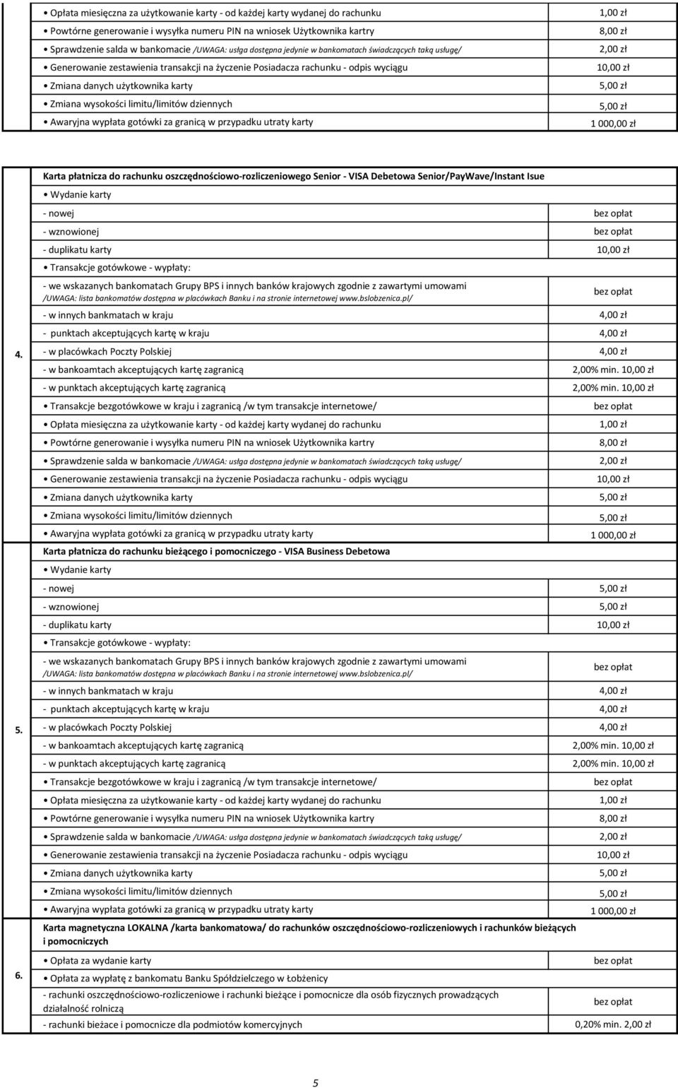 limitu/limitów dziennych Awaryjna wypłata gotówki za granicą w przypadku utraty karty 1,00 zł 8,00 zł 2,00 zł 1 000,00 zł Karta płatnicza do rachunku oszczędnościowo-rozliczeniowego Senior - VISA