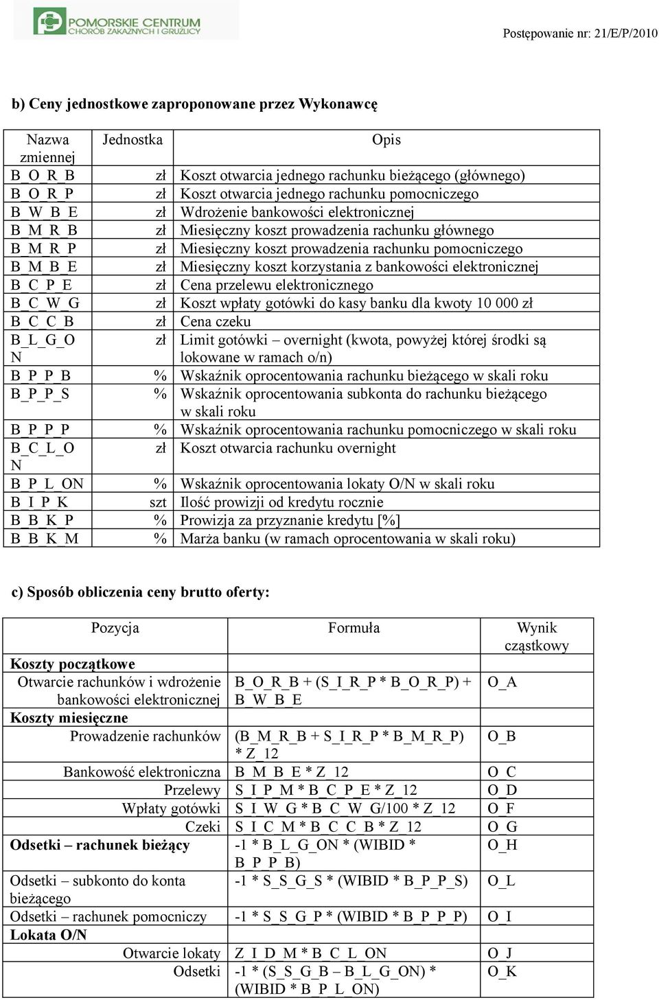 korzystania z bankowości elektronicznej B_C_P_E zł Cena przelewu elektronicznego B_C_W_G zł Koszt wpłaty gotówki do kasy banku dla kwoty 10 000 zł B_C_C_B zł Cena czeku B_L_G_O N zł Limit gotówki