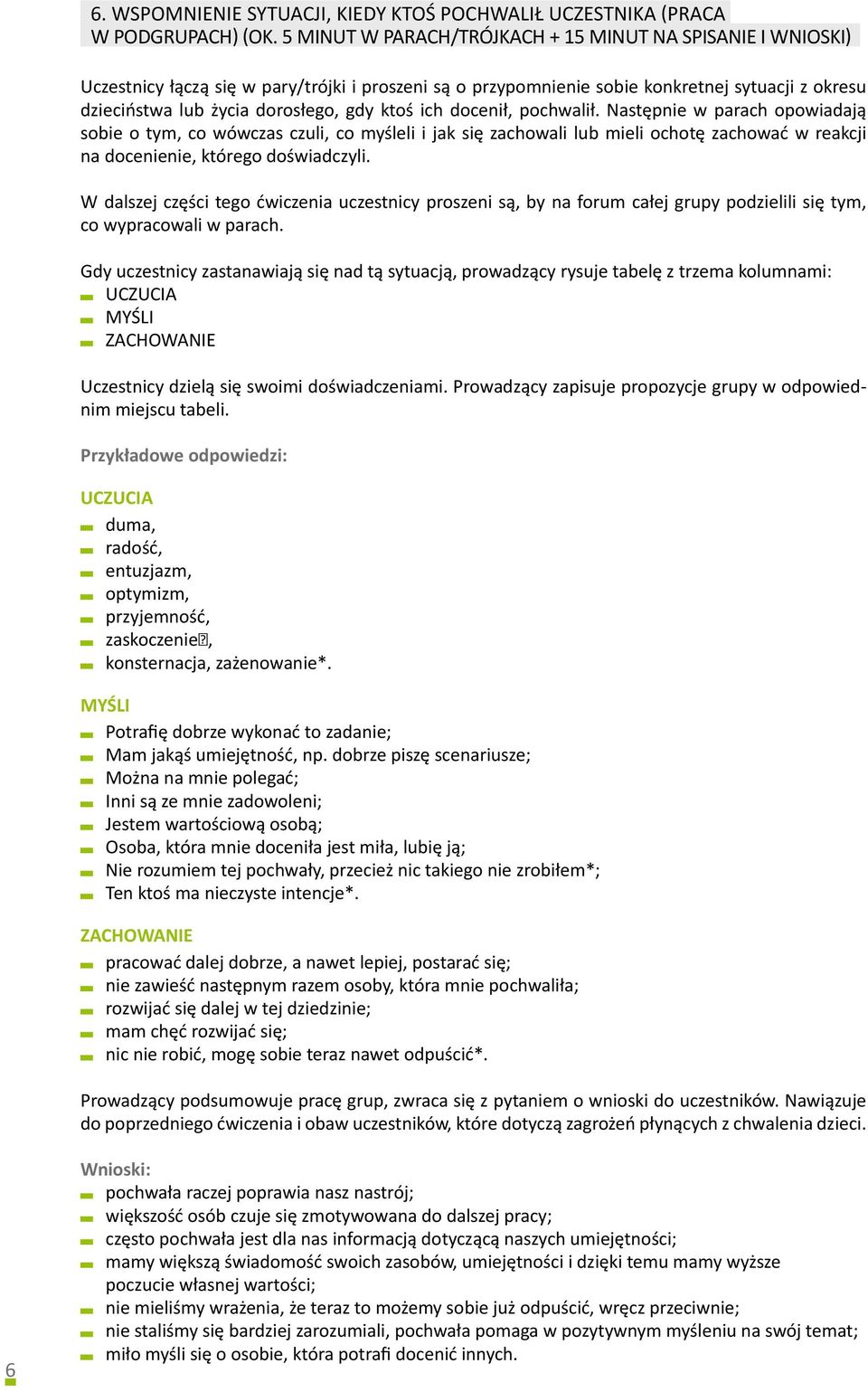 ktoś ich docenił, pochwalił. Następnie w parach opowiadają sobie o tym, co wówczas czuli, co myśleli i jak się zachowali lub mieli ochotę zachować w reakcji na docenienie, którego doświadczyli.