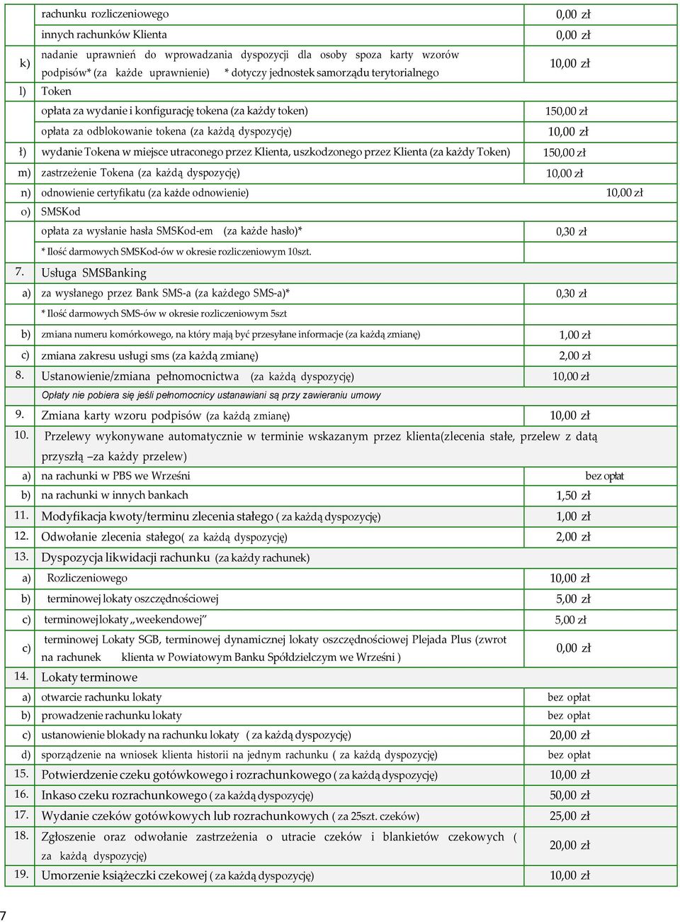 utraconego przez Klienta, uszkodzonego przez Klienta (za każdy Token) 150,00 zł m) zastrzeżenie Tokena (za każdą dyspozycję) 10,00 zł n) odnowienie certyfikatu (za każde odnowienie) 10,00 zł o)