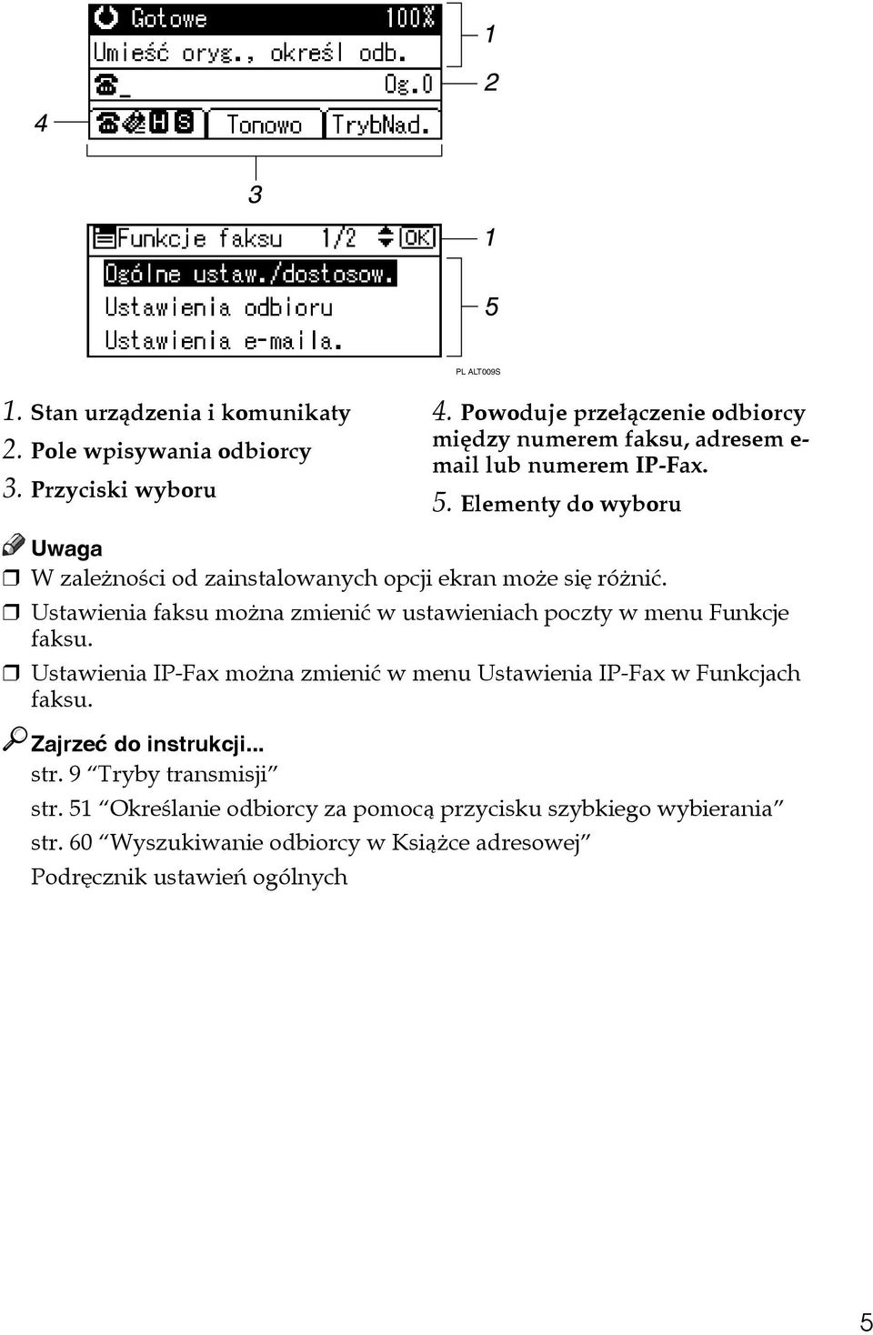 Elementy do wyboru W zaleånoãci od zainstalowanych opcji ekran moåe siê róåniæ. Ustawienia faksu moåna zmieniæ w ustawieniach poczty w menu Funkcje faksu.
