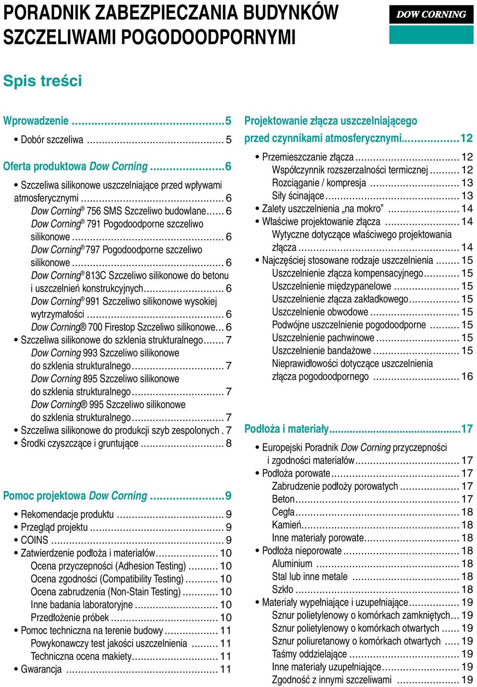 .. 6 Dow Corning 991 Szczeliwo silikonowe wysokiej wytrzymałości... 6 Dow Corning 700 Firestop Szczeliwo silikonowe... 6 Szczeliwa silikonowe do szklenia strukturalnego.