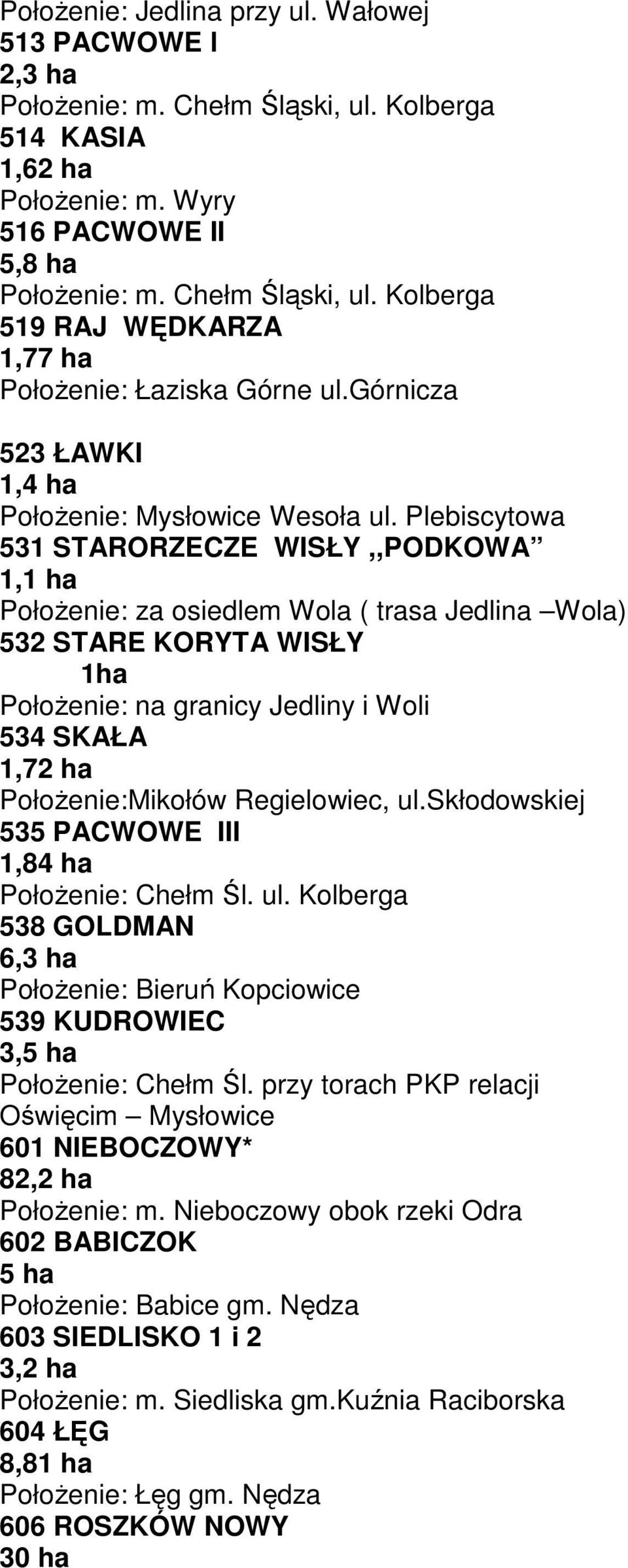 Plebiscytowa 531 STARORZECZE WISŁY,,PODKOWA 1,1 ha PołoŜenie: za osiedlem Wola ( trasa Jedlina Wola) 532 STARE KORYTA WISŁY 1ha PołoŜenie: na granicy Jedliny i Woli 534 SKAŁA 1,72 ha