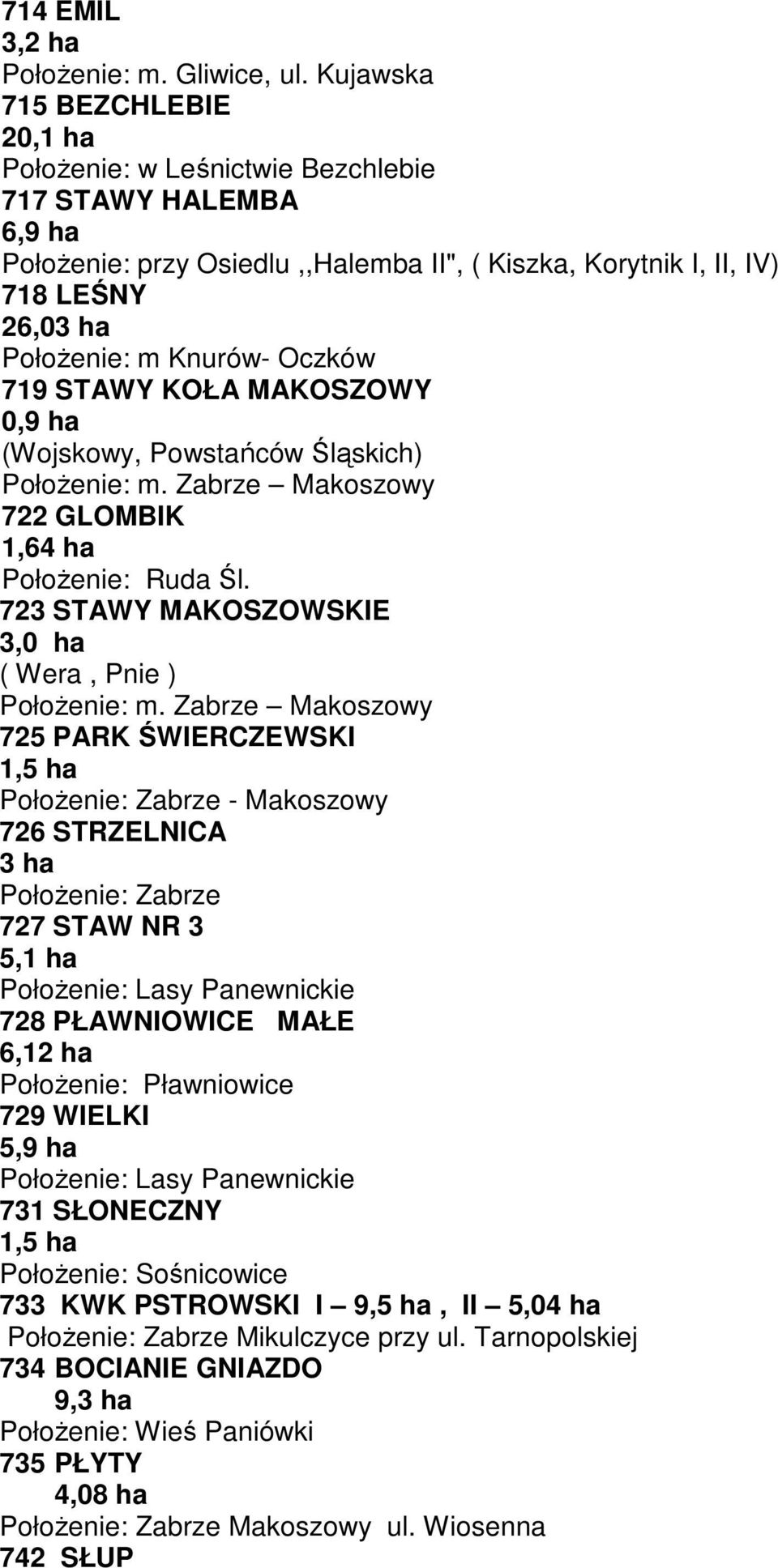 Oczków 719 STAWY KOŁA MAKOSZOWY 0,9 ha (Wojskowy, Powstańców Śląskich) PołoŜenie: m. Zabrze Makoszowy 722 GLOMBIK 1,64 ha PołoŜenie: Ruda Śl. 723 STAWY MAKOSZOWSKIE 3,0 ha ( Wera, Pnie ) PołoŜenie: m.