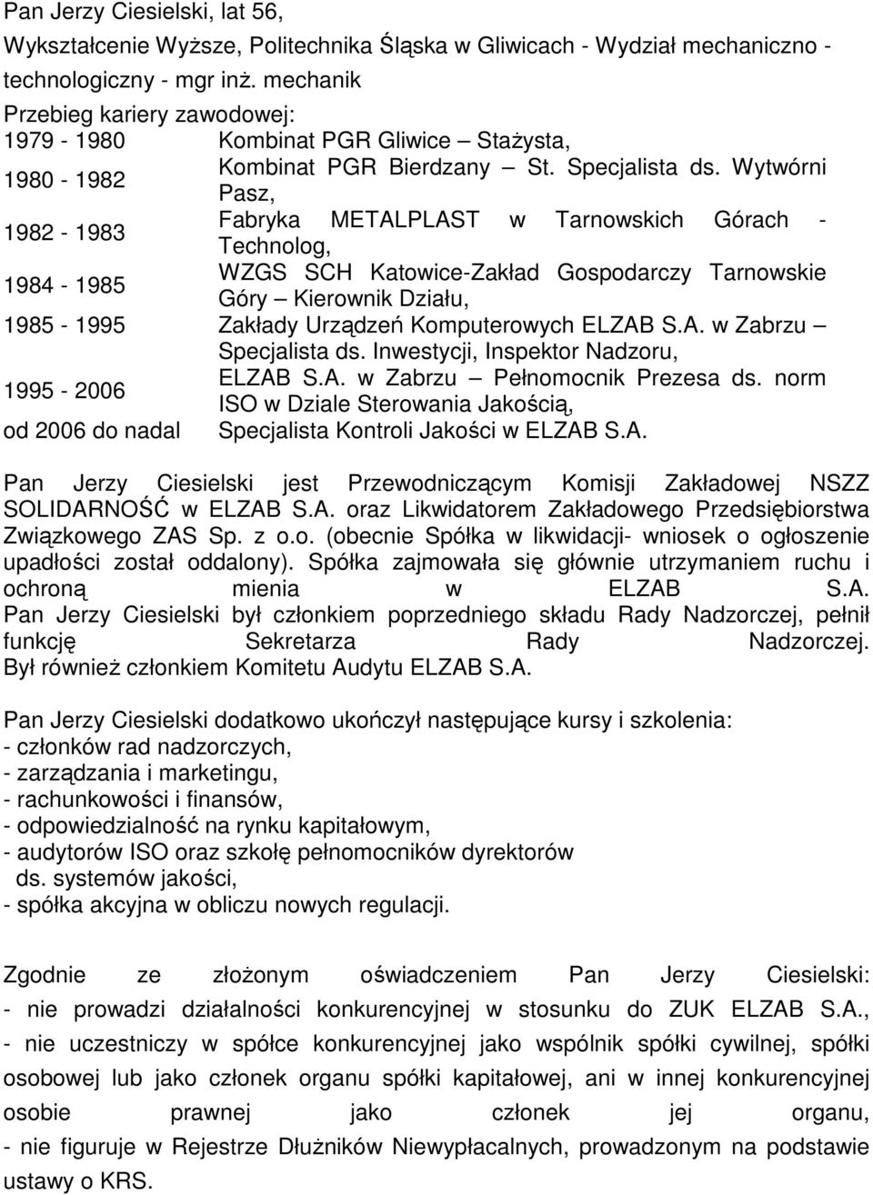 Wytwórni Pasz, 1982-1983 Fabryka METALPLAST w Tarnowskich Górach - Technolog, 1984-1985 WZGS SCH Katowice-Zakład Gospodarczy Tarnowskie Góry Kierownik Działu, 1985-1995 Zakłady Urządzeń Komputerowych