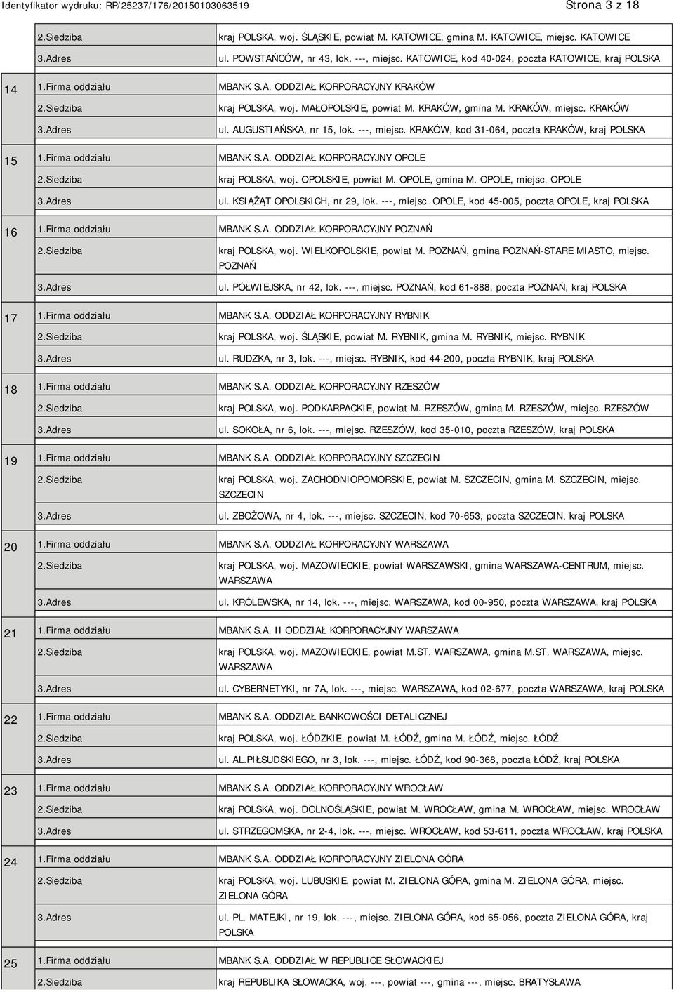 KRAKÓW, kod 31-064, poczta KRAKÓW, kraj POLSKA 15 1.Firma oddziału MBANK S.A. ODDZIAŁ KORPORACYJNY OPOLE kraj POLSKA, woj. OPOLSKIE, powiat M. OPOLE, gmina M. OPOLE, miejsc. OPOLE ul.