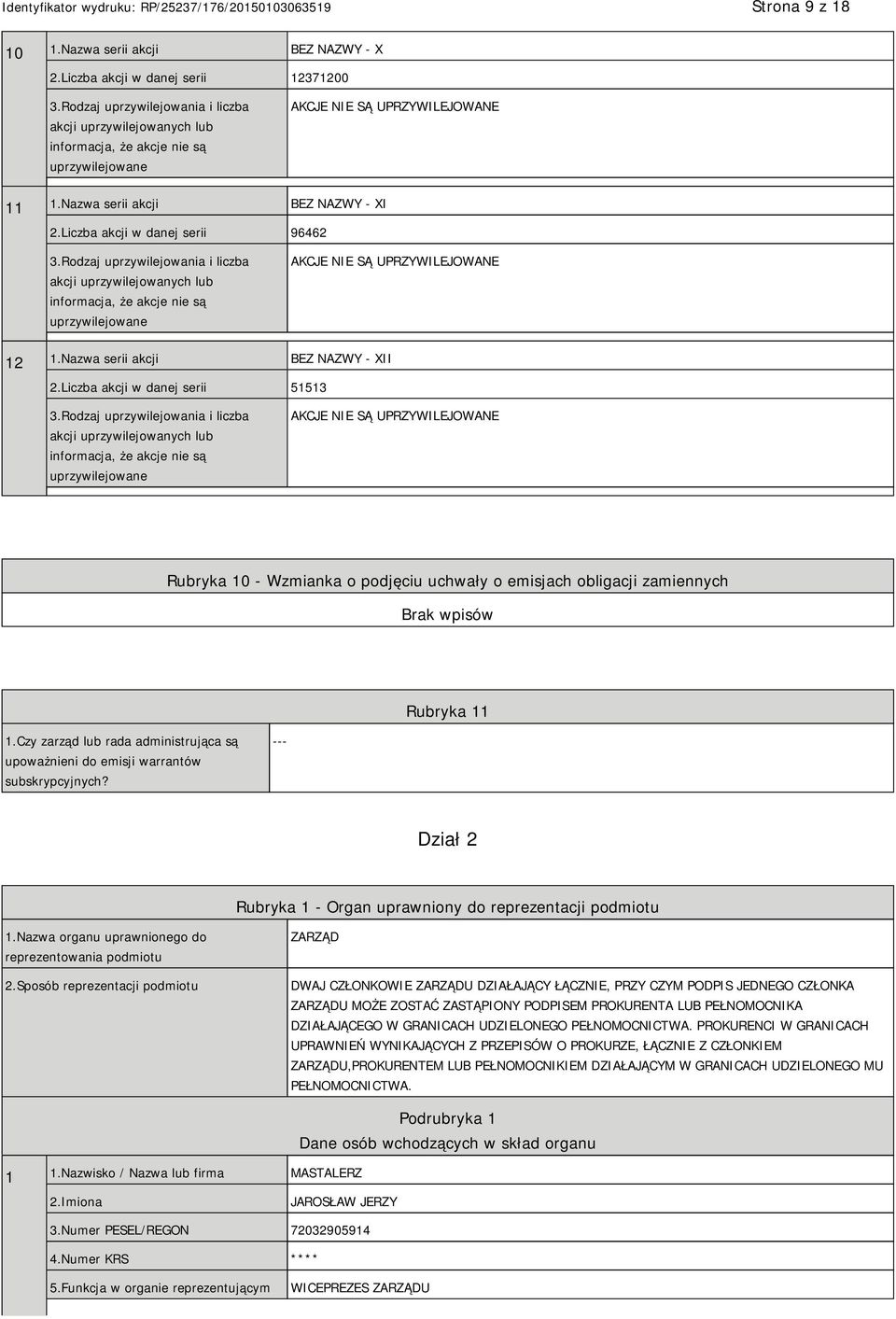 Czy zarząd lub rada administrująca są upoważnieni do emisji warrantów subskrypcyjnych? --- Dział 2 Rubryka 1 - Organ uprawniony do reprezentacji podmiotu 1.