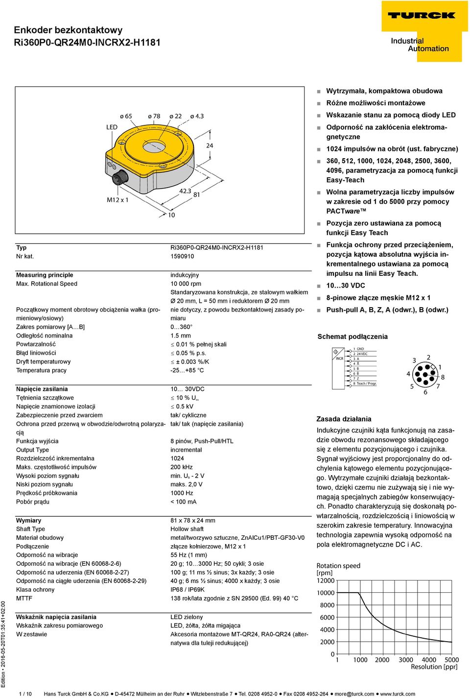 ustawiana za pomocą funkcji Easy Teach Typ Nr kat. 1590910 Measuring principle indukcyjny Max.