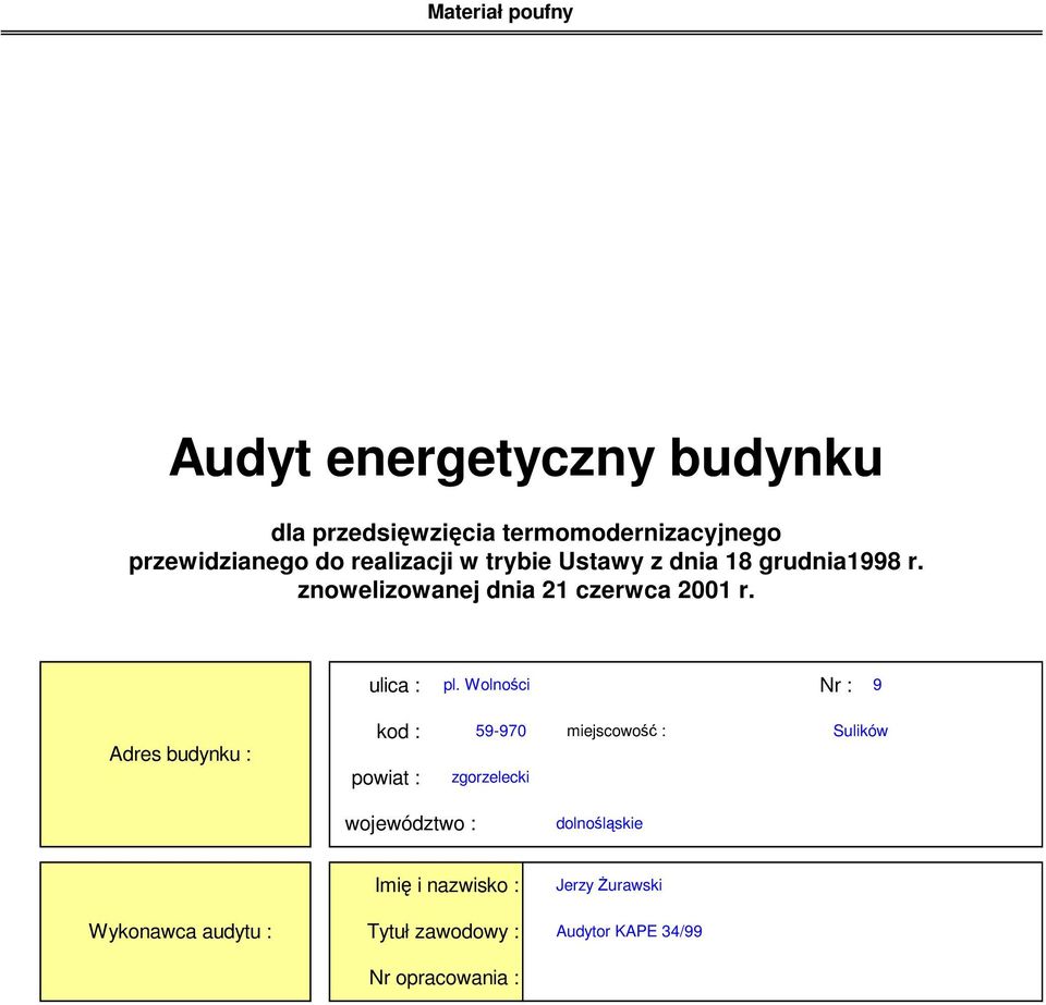 Wolności Nr : 9 Adres budynku : kod : powiat : 59-90 miejscowość : zgorzelecki Sulików województwo :