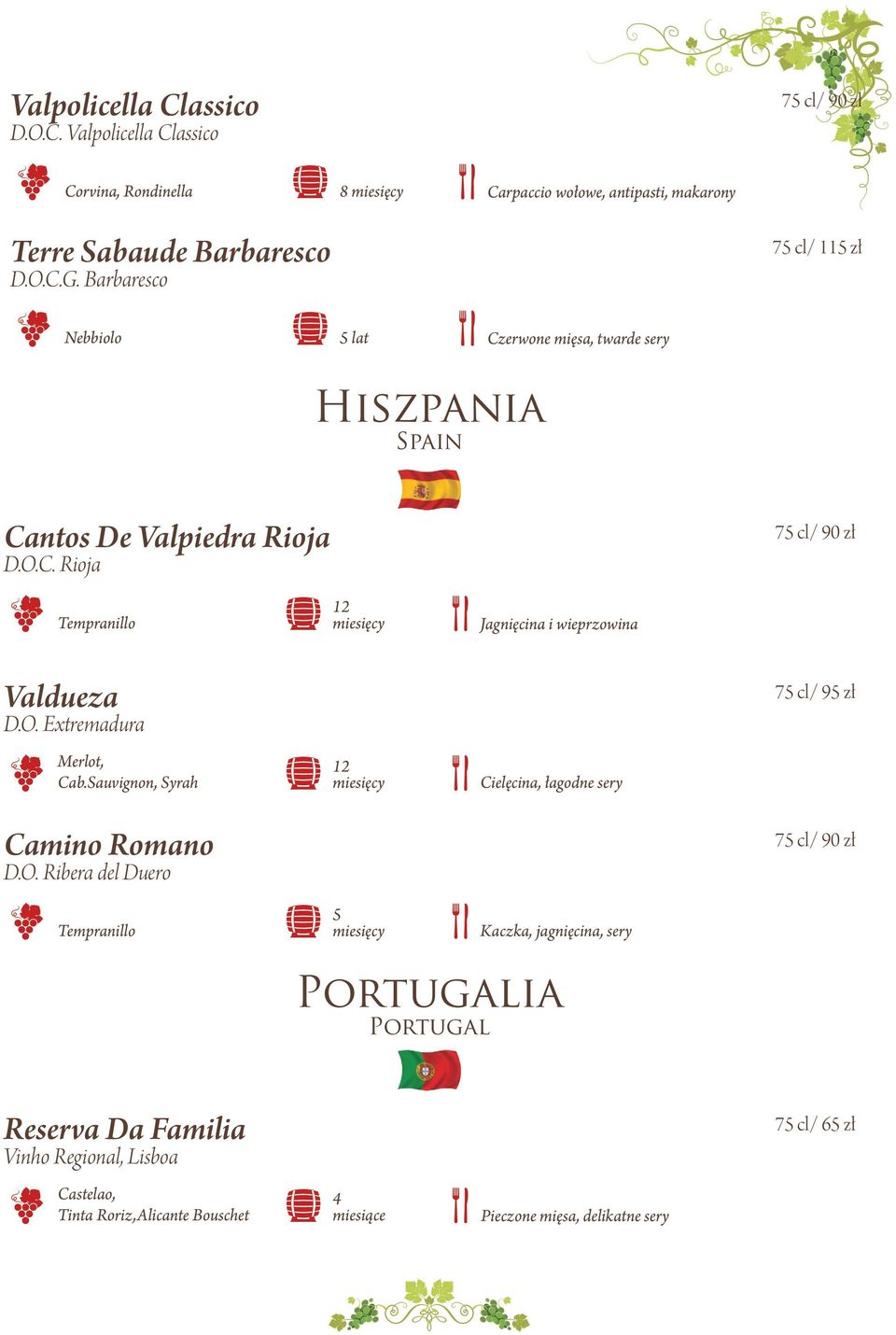 O. Extremadura 75 cl/ 95 zł Merlot, Cab.Sauvignon, Syrah 12 Cielęcina, łagodne sery Camino Romano D.O. Ribera del Duero 75 cl/ 90 zł Tempranillo 5 Kaczka, jagnięcina,