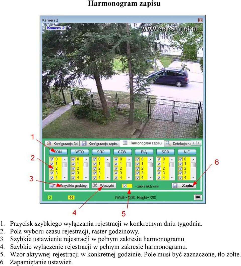 Pola wyboru czasu rejestracji, raster godzinowy.