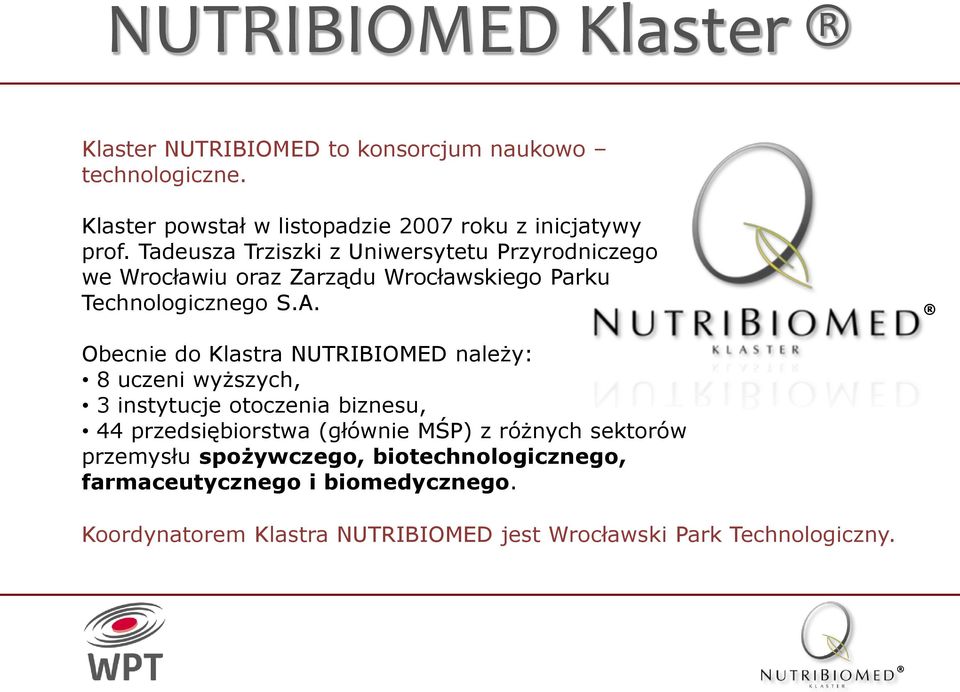 Obecnie do Klastra NUTRIBIOMED należy: 8 uczeni wyższych, 3 instytucje otoczenia biznesu, 44 przedsiębiorstwa (głównie MŚP) z różnych