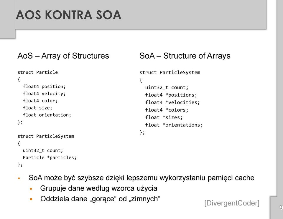 { uint32_t count; float4 *positions; float4 *velocities; float4 *colors; float *sizes; float *orientations; }; SoA może być