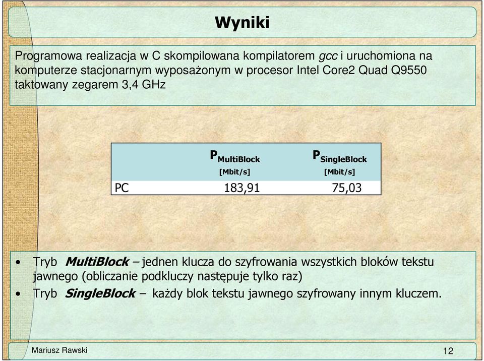 [Mbit/s] PC 183,91 75,03 Tryb MultiBlock jednen klucza do szyfrowania wszystkich bloków tekstu jawnego