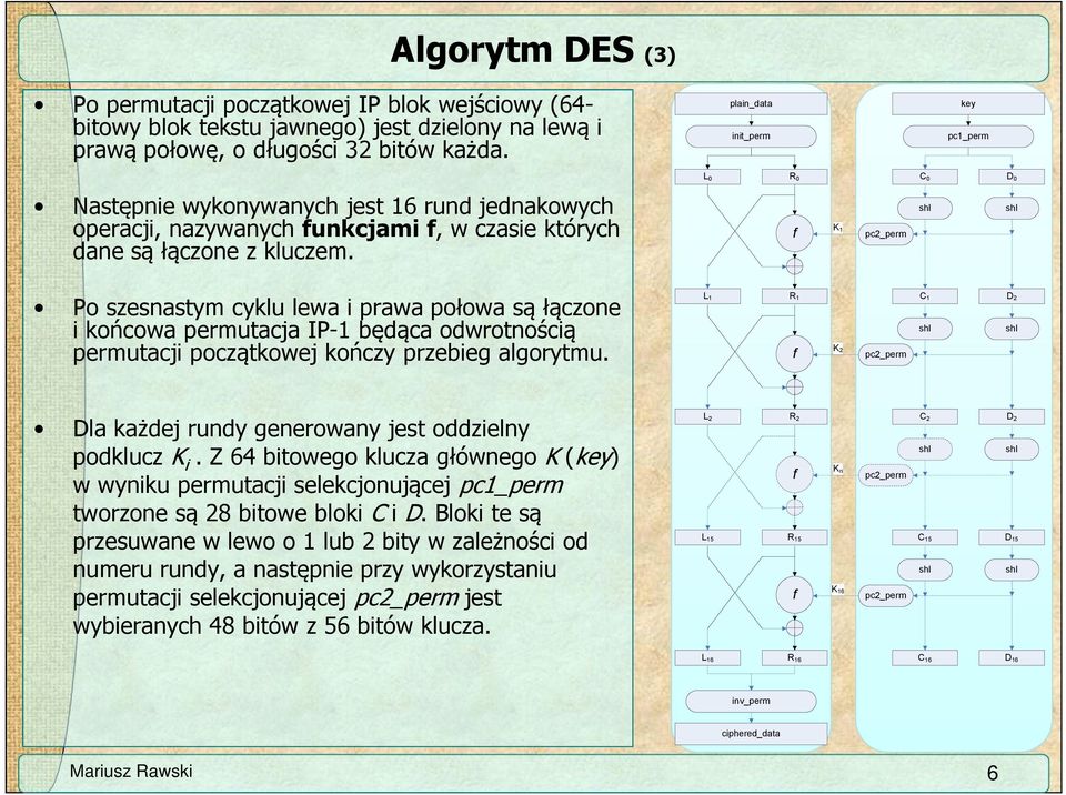 f K 1 pc2_perm shl shl Po szesnastym cyklu lewa i prawa połowa są łączone i końcowa permutacja IP-1 będąca odwrotnością permutacji początkowej kończy przebieg algorytmu.